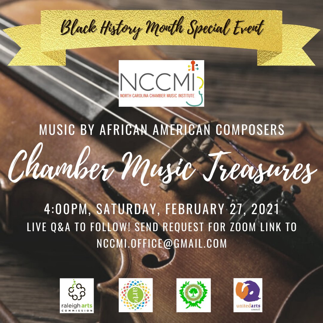 TODAY at 4:00pm! For #BlackHistoryMonth this great program..."Chamber Music Treasures: Music by African-American Composers". Dr. Timothy Holley with Waltye Rasulala &amp; NCCMI faculty artists. Live Q &amp; A to follow. @NorthCarolinaChamberMusic youtube.com/watch?v=BpD5L5…