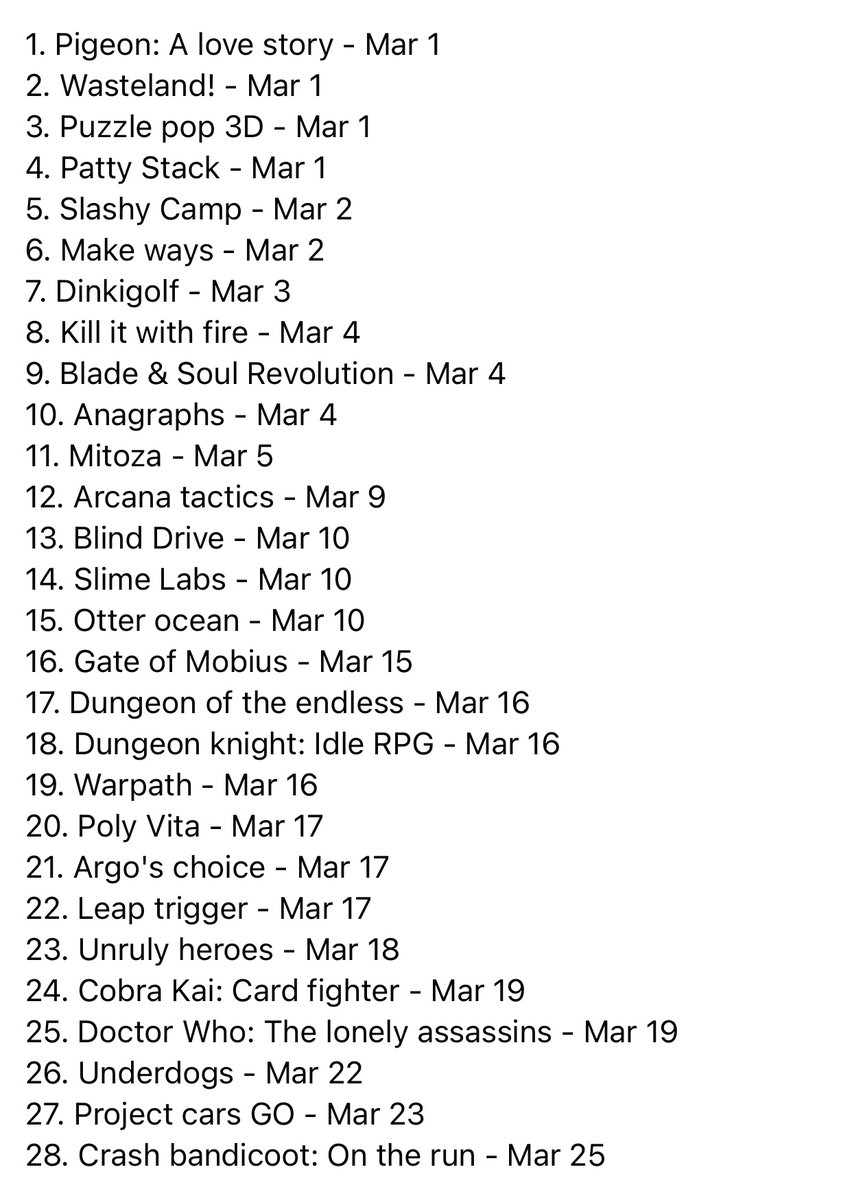 azeem_jaffer's tweet photo. Release dates of 25+ New iOS Games coming this March: 👉🏻
#CrashBandicoot #ProjectCarsGo #Underdogs #CobraKai #Warpath #DungeonKnight #GateOfMobius #ArcanaTactics #BladeAndSoulRevolution #KillItWithFire #Wasteland - are some of the most expected titles. https://t.co/q9trLxZyq1