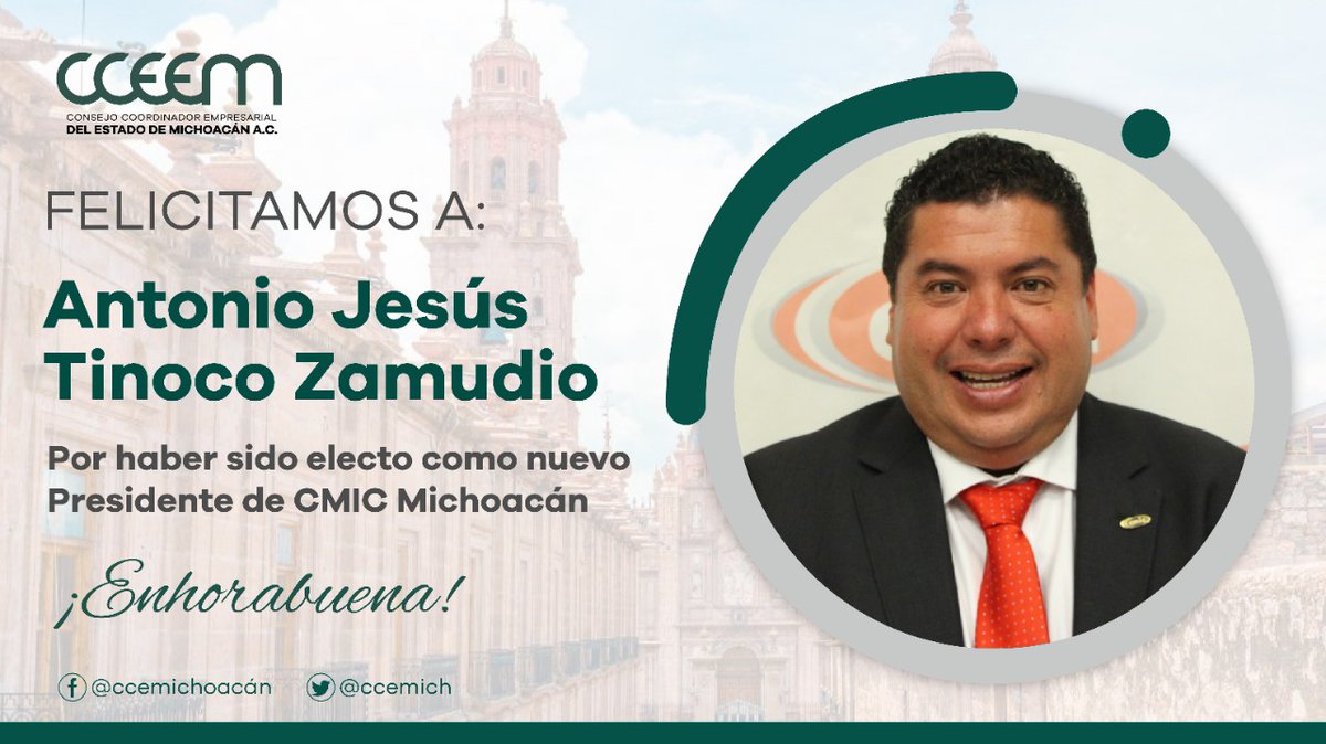 cceemich's tweet photo. Quienes integramos este organismo empresarial, felicitamos a Antonio Jesús Tinoco Zamudio por haber sido electo como nuevo Presidente de @CmicMichoacan. 

Continuaremos sumando esfuerzos con este organismo por el desarrollo de nuestro estado. #UnidosSomosFuerza. https://t.co/ea4aF4vb0q