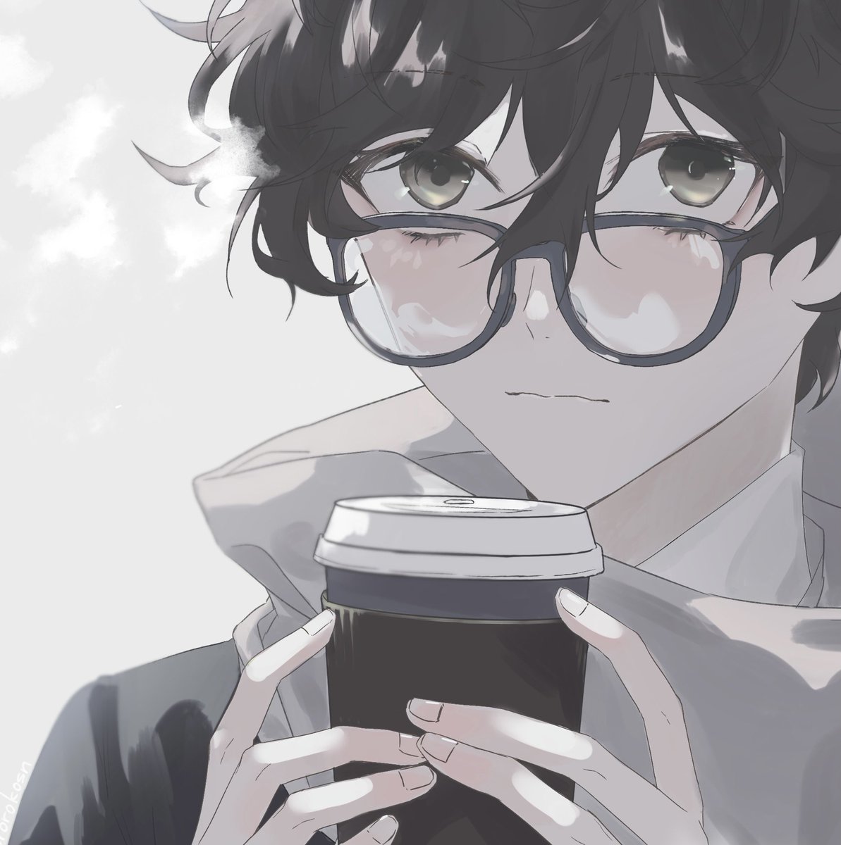 amamiya ren male focus 1boy glasses black hair cup holding solo  illustration images