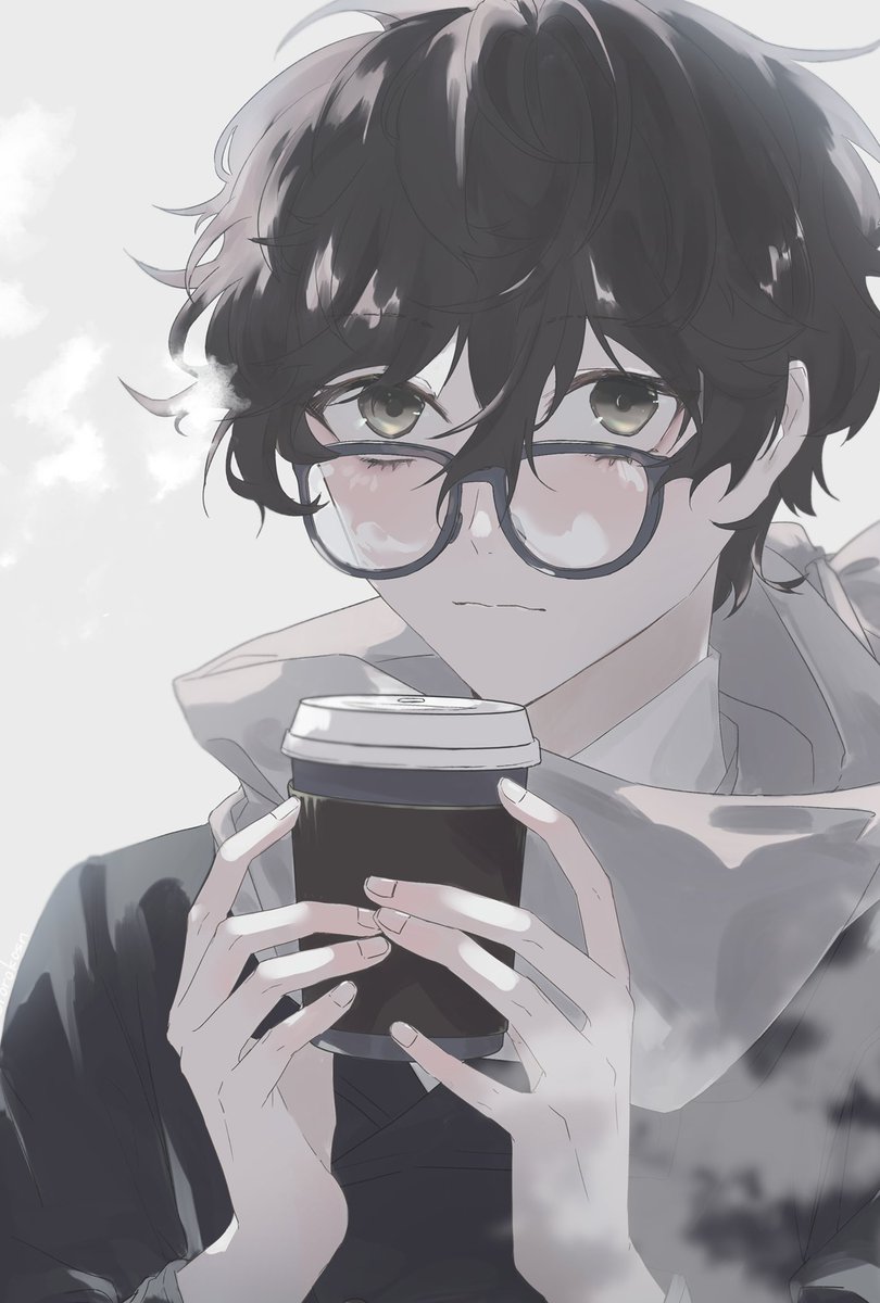 amamiya ren male focus 1boy glasses black hair cup holding solo  illustration images