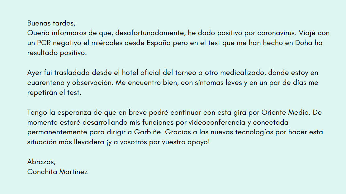 Buenas tardes,
Quería informaros de que, desafortunadamente, he dado positivo por coronavirus. 👇🏽👇🏽