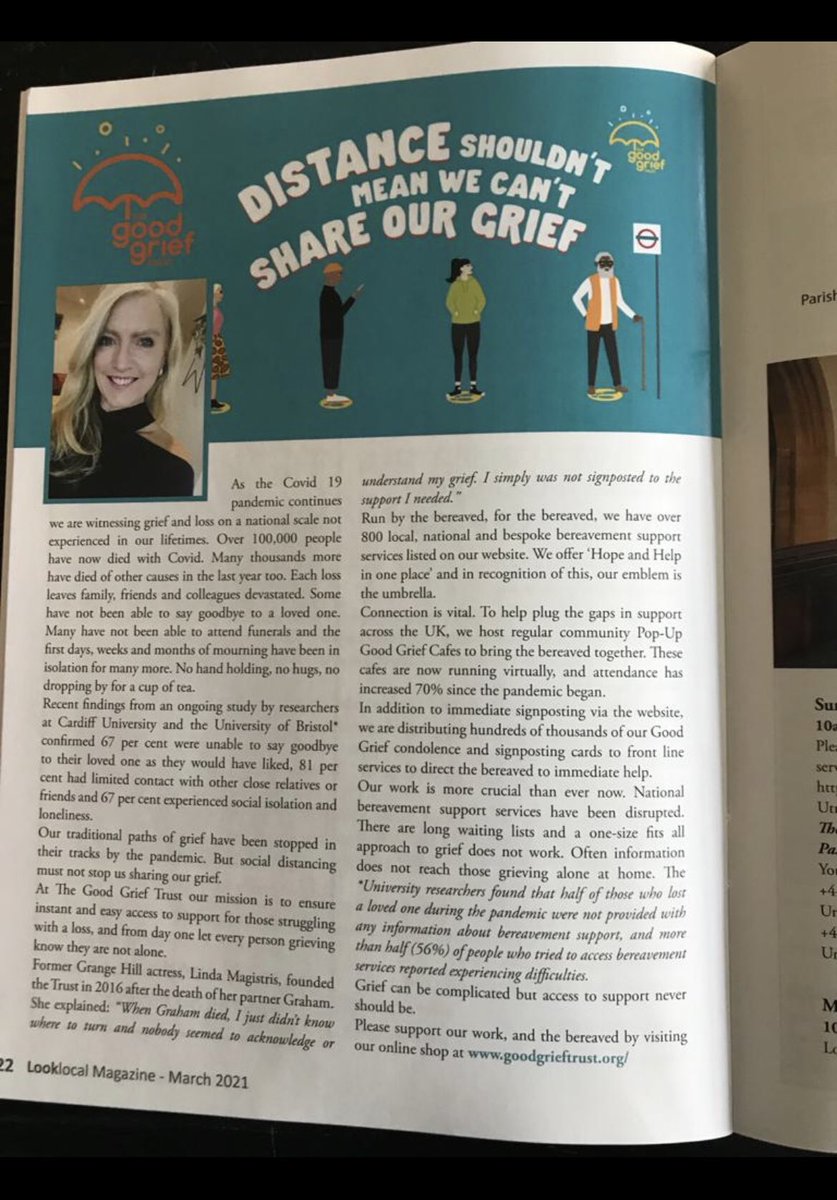 goodgrieftrust's tweet image. Thankyou @LookLocalMags for this feature with @lindamagTV 

This edition has been delivered free to 35,000 homes in all these areas in Surrey.

Raising vital awareness to anyone at home feeling isolated &amp;amp; alone in their grief. Thankyou @ktktmc for all your help with our PR.