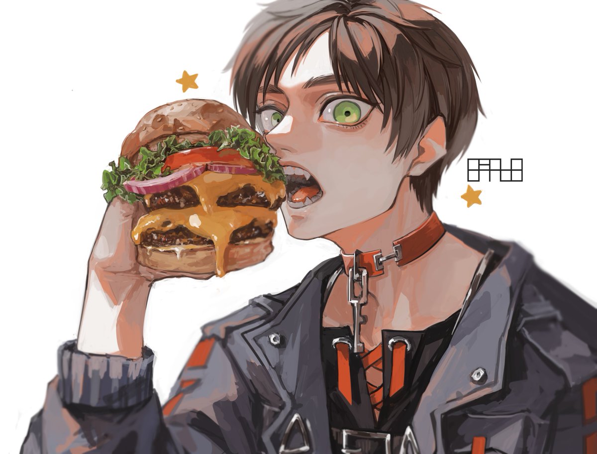 burger 1boy male focus food eating green eyes jacket  illustration images
