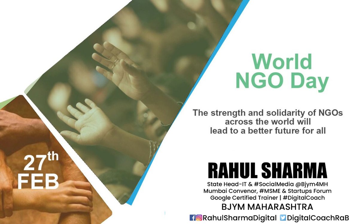 digitalcoachrab's tweet photo. "We can achieve a better world if we all work together because the ones who live for others know the real meaning of Love. This World NGO Day, empower people to build a better society."
Happy World NGO Day!
#EmpowerPeople
#WorldNGODay2021 #NGODay
#NGO
#Society #NGOrganization https://t.co/XTtwTIgFqW