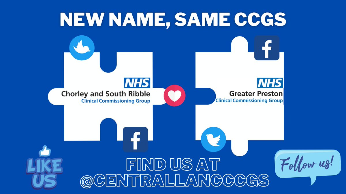 We're moving over to our new Twitter account which we’ll share with NHS Greater Preston CCG from Monday! 🎉 

This account will no longer be active so be sure to join us for the latest news and updates at ➡️ @CentralLancCCGs 

Further information at: centrallancashireccgs.nhs.uk/latest-news/30…