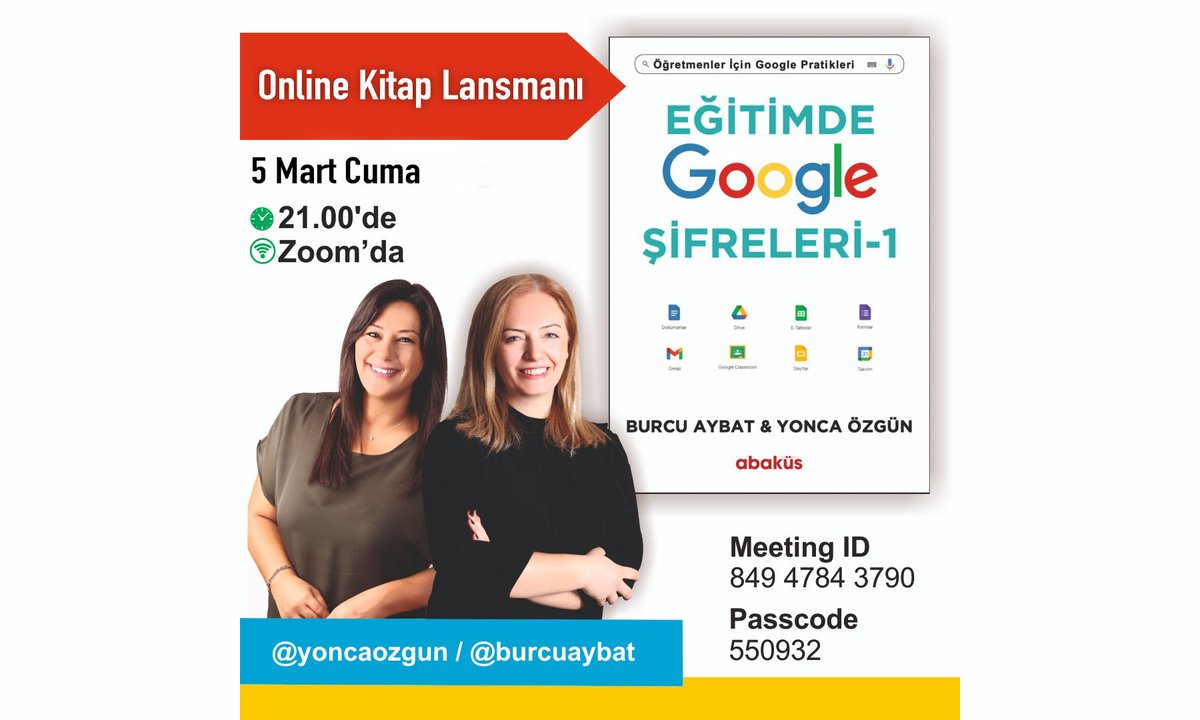 Yonca Kurt (@yoncakurt_tech) on Twitter photo Sevgili <a href="/burcuaybat/">Burcu Aybat</a> hocamla beraber
"Eğitimde Google Şifreleri" kitabımızın lansmanına tüm dostlarımızı bekliyoruz. Sevgiyle, heyecanla...
5 Mart Cuma Saat 21.00'de Zoom'da!
<a href="/abakuskitap/">Abaküs Kitap</a> #eğitimdegoogleşifreleri Sevgili <a href="/burcuaybat/">Burcu Aybat</a> hocamla beraber
"Eğitimde Google Şifreleri" kitabımızın lansmanına tüm dostlarımızı bekliyoruz. Sevgiyle, heyecanla...
5 Mart Cuma Saat 21.00'de Zoom'da!
<a href="/abakuskitap/">Abaküs Kitap</a> #eğitimdegoogleşifreleri