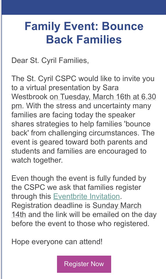 If you would like to join in the virtual presentation on tips about how to bounce back , please register using the link on the email that was sent to you. Simply click on the Eventbrite registration and fill out the form. Hope you and your family can attend.