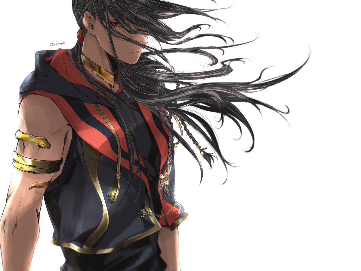 1boy male focus solo long hair black hair hood armlet  illustration images