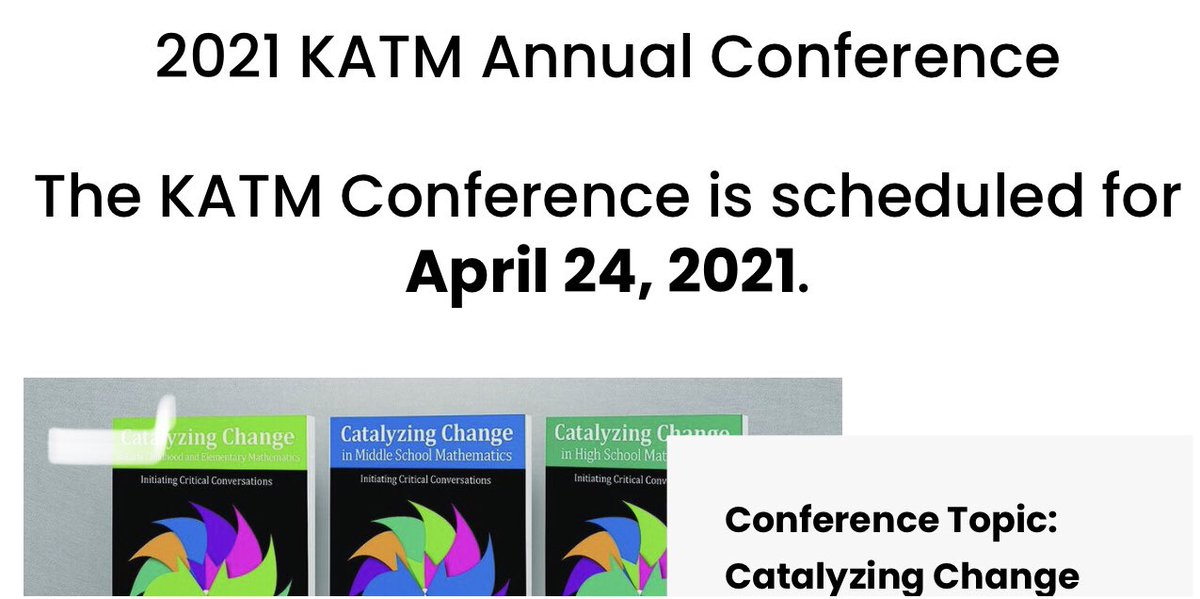 Math teacher in Kansas? Math teacher in the USA? Math teacher anywhere? You can spend 3.5 hours learning from @NCTM leadership about Catalyzing Change in Elem, MS, and HS classrooms. Bring vertical & horizontal colleagues, & imagine the results! #mtbos katm.org/events