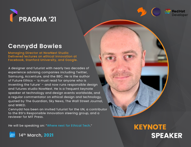 IIITAPragma's tweet photo. A designer and #Futurist, an innovator with respect for #Ethics, the author of Future Ethics: Cennydd Bowles will be joining us as our next Keynote Speaker! 
@cennydd will be gracing the stage of #Pragma on #14March2021 to talk about "Where next for Ethical Tech". 

#APK21 https://t.co/zX5cGwKSQI