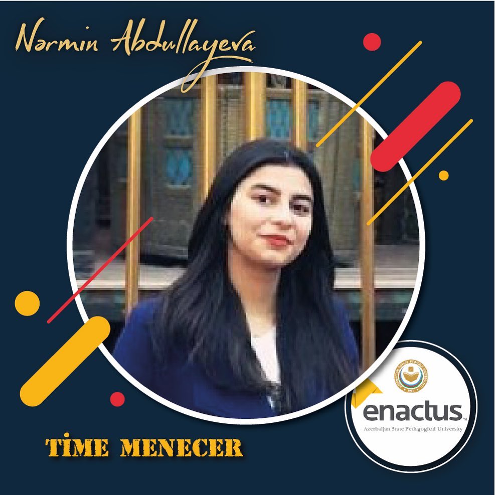 EnactusAspu's tweet photo. ASPU ENACTUS komandasının idarə heyətini yaxından tanıyaq.
Time menecer
Azərbaycan Dövlət Pedaqoji universitetinin tələbəsi Abdullayeva Nərmin.
Kimya və Biologiya fakültəsinin III kurs Kimya və Biologiya müəllimliyi üzrə təhsil alır.
#EnactusAzerbaijan
#EnactusASPU
#WeAllWin https://t.co/CCPysO0yTv