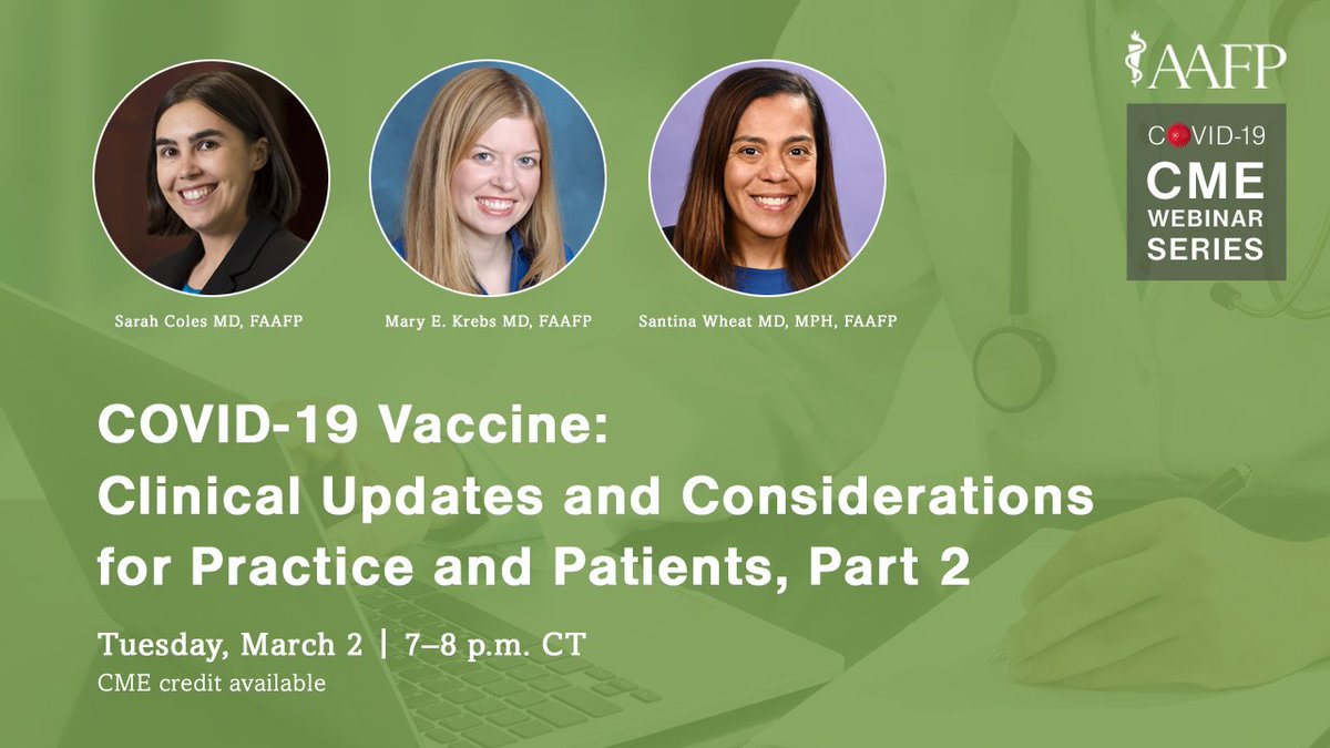 How will you integrate current and pipeline vaccines into your workflow? Join Drs. Sarah Coles, Tina Wheat, and Mary Krebs on 3/2 at 7 p.m. CT to get the latest data and guidance from the CDC on the #COVID19 vaccines. <a href="/sarahmwc/">Sarah Coles</a> <a href="/tinawheat/">Santina Wheat,MD,MPH (she/her)</a>