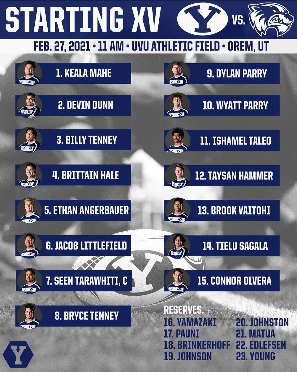 byurugby's tweet photo. Starting XV against UVU. 

Tune in to UVU men’s rugby club Facebook page for the live stream. Kick-off 11am MST.

#BYURugby #GoCougs https://t.co/nz5DWFNgwU
