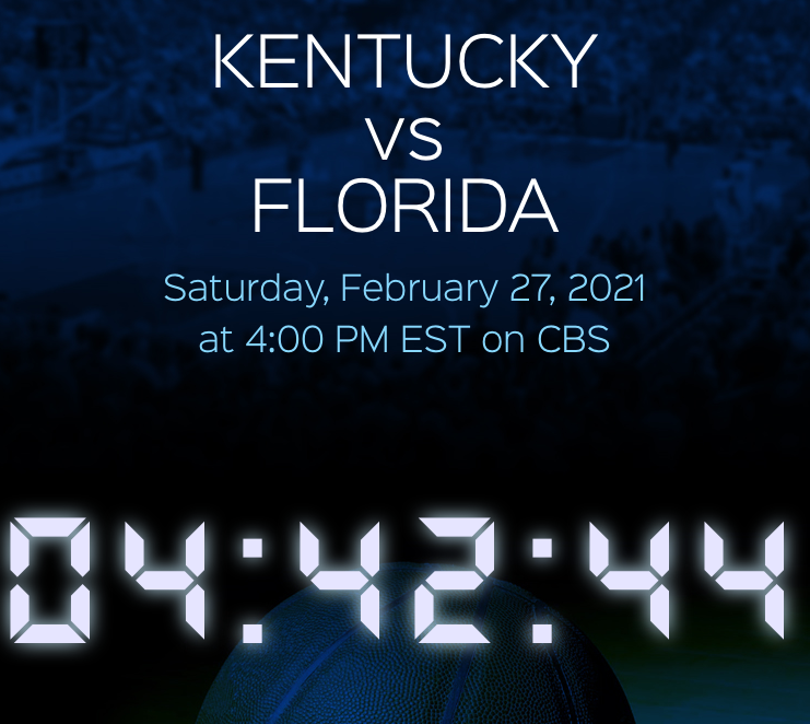 BigBlueApps's tweet photo. KENTUCKY vs FLORIDA
Saturday, February 27, 2021 at 4:00 PM EST on CBS
Go Big Blue! 
https://t.co/98nVUmfglU 
#BBN #WeAreUK https://t.co/V3tVzesM6s