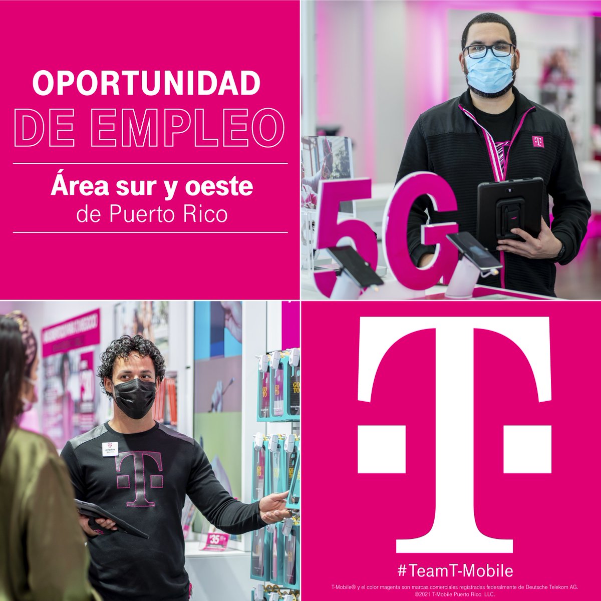 ¡Únete a nuestro #TeamT-Mobile! 🙌🏽 Plazas disponibles para Mobile Associate y Retail Associate Manager en tiendas localizadas en el sur y oeste de Puerto Rico. Entra a t-mobile.com/careers, completa la información y listo. #EresDeLosNuestros