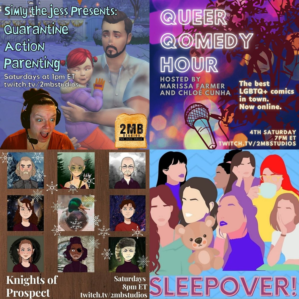 2MBStudios's tweet photo. Today:

1pm EST. @IAmJessBryant 👩‍👧‍👦 @QAWisWAR.

7pm EST. LGBTQ+ comics 🌈@marissaleefarme @bossy_dawsey @ElaniKitten @willsmalley @MarianasBits 

8pm EST. 🧝‍♀️🔮🎲🦆

10pm EST. "Sleepover." 🤭🎀👻🌌@LaurenChappa @notoriousemlav @jcashmonay @Joireine @MischW

https://t.co/hA7wwarWEy https://t.co/EPfXrGJD2p