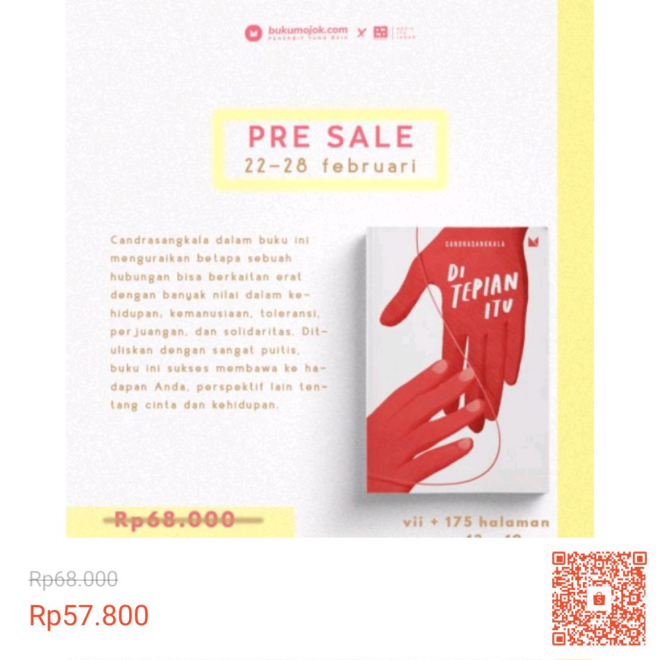 Temukan Pre Sale Di Tepian Itu - Candrasangkala - Buku Mojok dengan potongan 15%! Hanya Rp57.800. Dapatkan segera di Shopee! shopee.co.id/product/113099… #ShopeeID