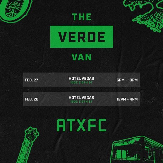 HotelVegasATX's tweet photo. 🖤 The #VerdeVan 🚐 @AustinFC's mobile retail unit is pulling up to Vegas today &amp; tomorrow! 💚

Get down here early to secure your spot in line, we open at noon! #VegasConcessions is cookin' brunch all the way until 7pm. 🤙

🥅➡️ swipe for things to know before you go! https://t.co/aWrdwHKd12