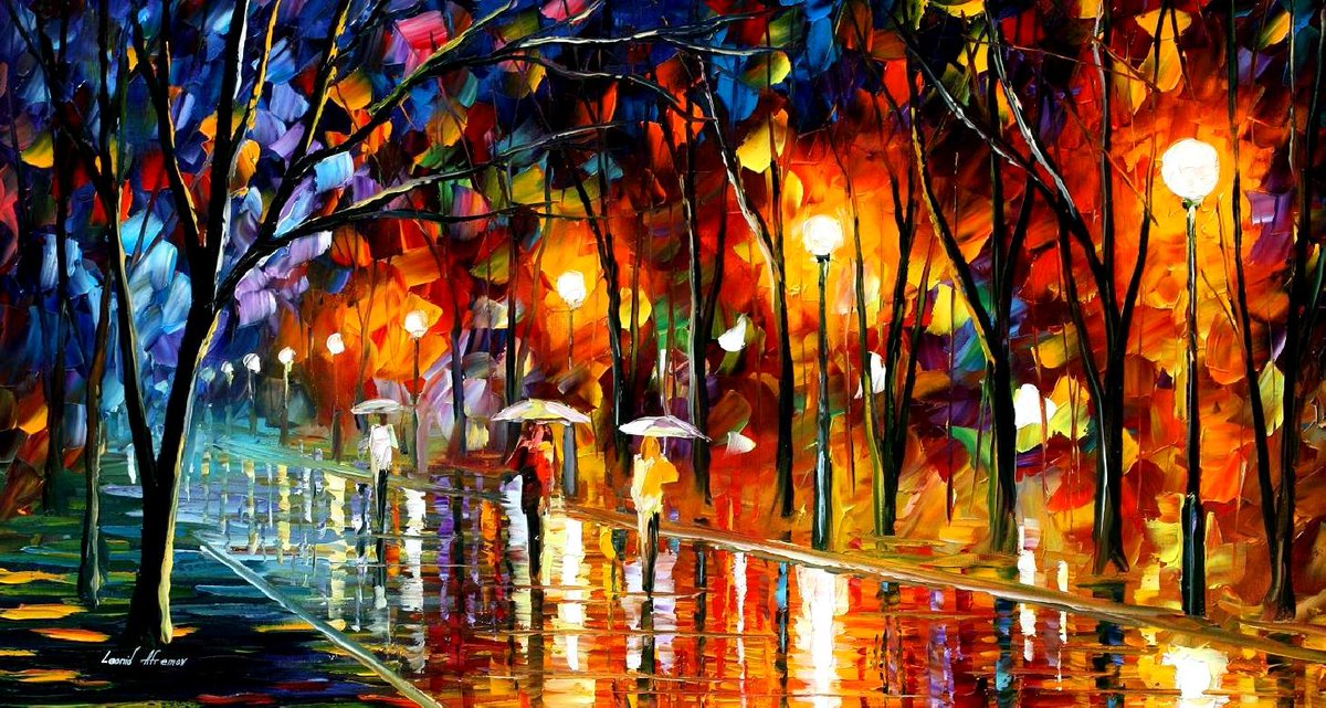 EVENING RAIN IN THE PARK — PALETTE KNIFE Oil Painting On Canvas By Leonid Afremov afremov.com/evening-rain-i…