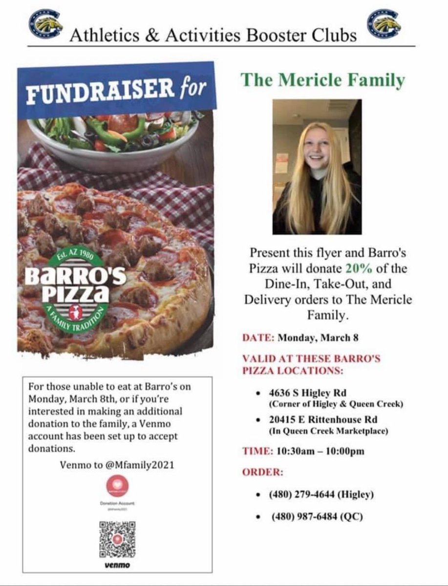 InspireAchieve2's tweet photo. Please join us in supporting the Mericle Family and longtime Inspire and Achieve sponsors Bruce and Kelly Barro in eating at @barrospizza next Monday night. I&amp;A will match all money raised, up to $5,000, to the Mericle family.   Please help us in supporting this worthwhile cause. https://t.co/mdQHzFiW3E
