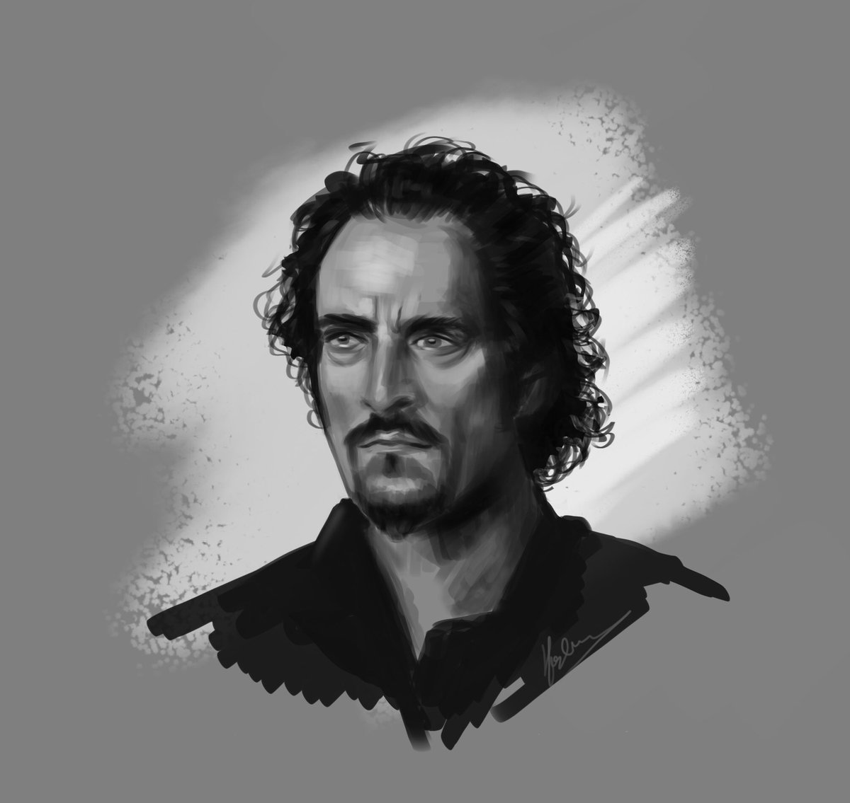 hoshimem's tweet photo. Nothing better then the interesting facial features of @KimFCoates to practice a bit on greyscale portraits. #tig #alexandertrager #sonsofanarchy #soa #painting https://t.co/LfaLEqVjaU