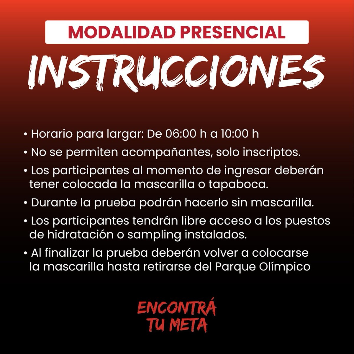 ⚠️ Importante

Instrucciones para los que correrán la modalidad presencial este domingo! 👀

Corremos pero nos cuidamos! 👌
#EncontráTuMeta