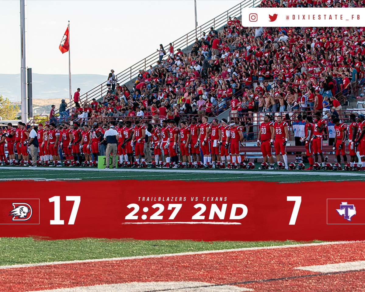 UtahTech_Sports's tweet photo. FB: TOUCHDOWN - Kody Wilstead finds Chase Hess for a 43-yd TD pass. @DixieState_FB leads at @TarletonFB 17-7.  #DixieBlazers #WeAreONE #OnTheRISE https://t.co/cMHTiCvvbe