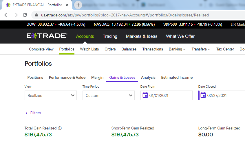 Great first two months of trading. Up nearly $200K in realized gains: