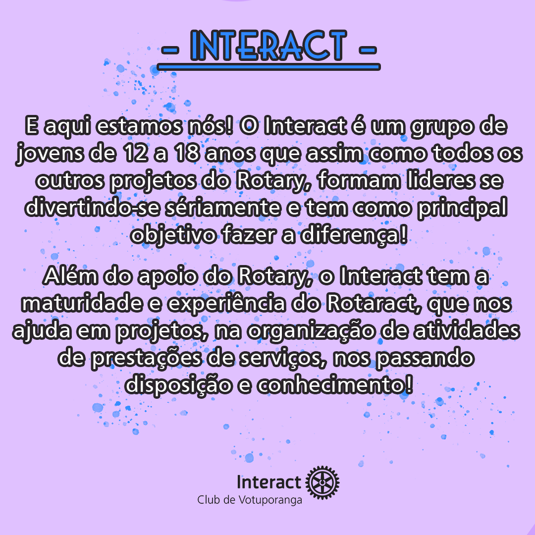 icvotu1's tweet photo. No sétimo e ultimo dia da Semana Distrital da Família Rotária falaremos um pouco sobre nós, o Interact!🤩💙
.
Obrigado por nos acompanhar até aqui, esperamos que tenha gostado das publicações dessa semana!🥰 https://t.co/Owr8OWm7QA