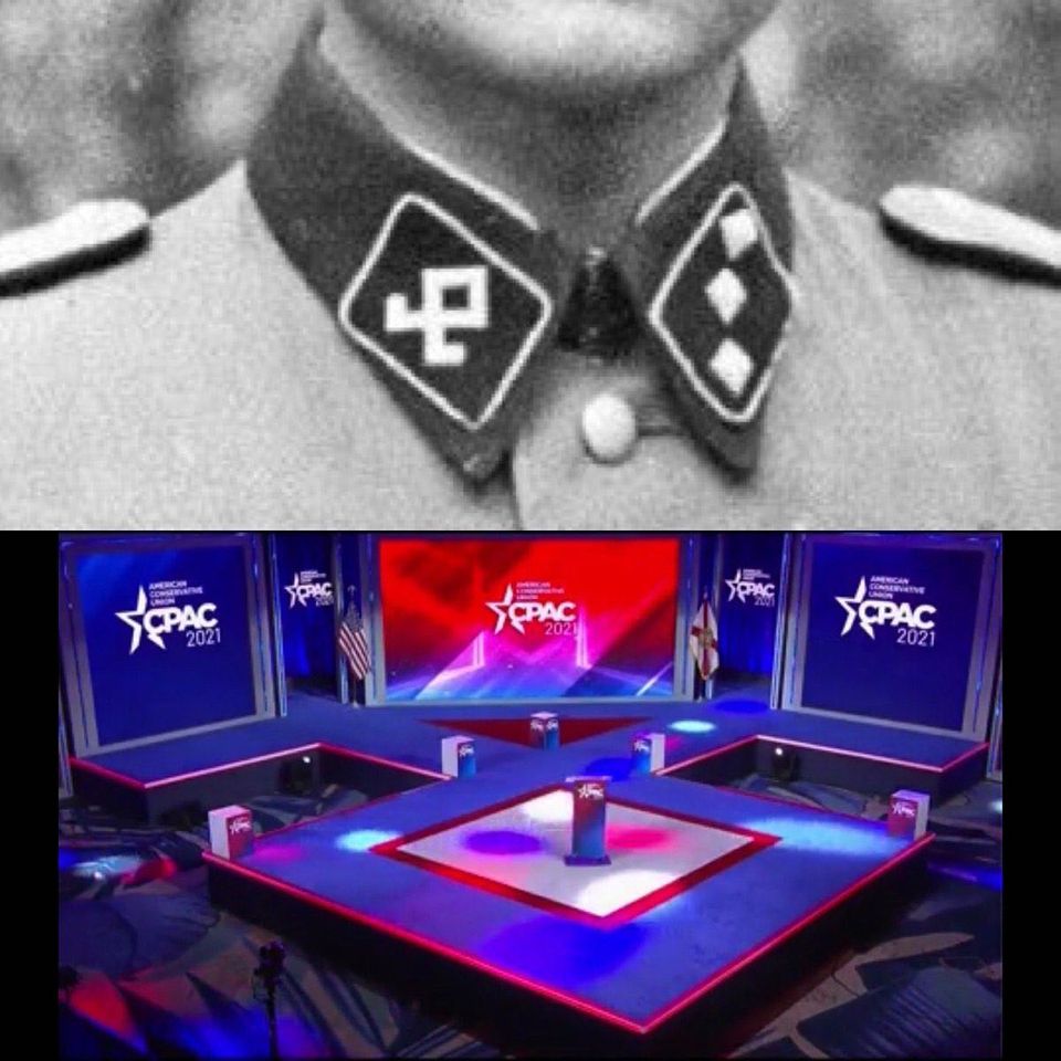 fred_guttenberg's tweet image. Let's be clear.  This stage was built to mimic a Nazi symbol.  This is what MAGA is. The only response that they have today is to stupidly scream "liberal or liberalism" showing that even they are bored by their own bullshit.