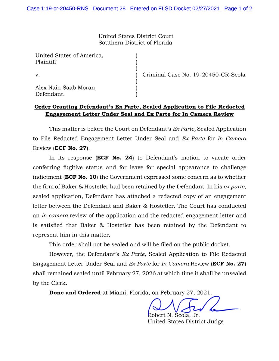 APjoshgoodman's tweet photo. Small victory for Alex Saab in US federal case. A judge has rejected Miami prosecutors' questioning of whether Saab, or the Maduro government, was paying @BakerHostetler. The attorney produced his engagement letter under seal, satisfying the judge that he indeed represents Saab. https://t.co/gTWZ3XzW3e