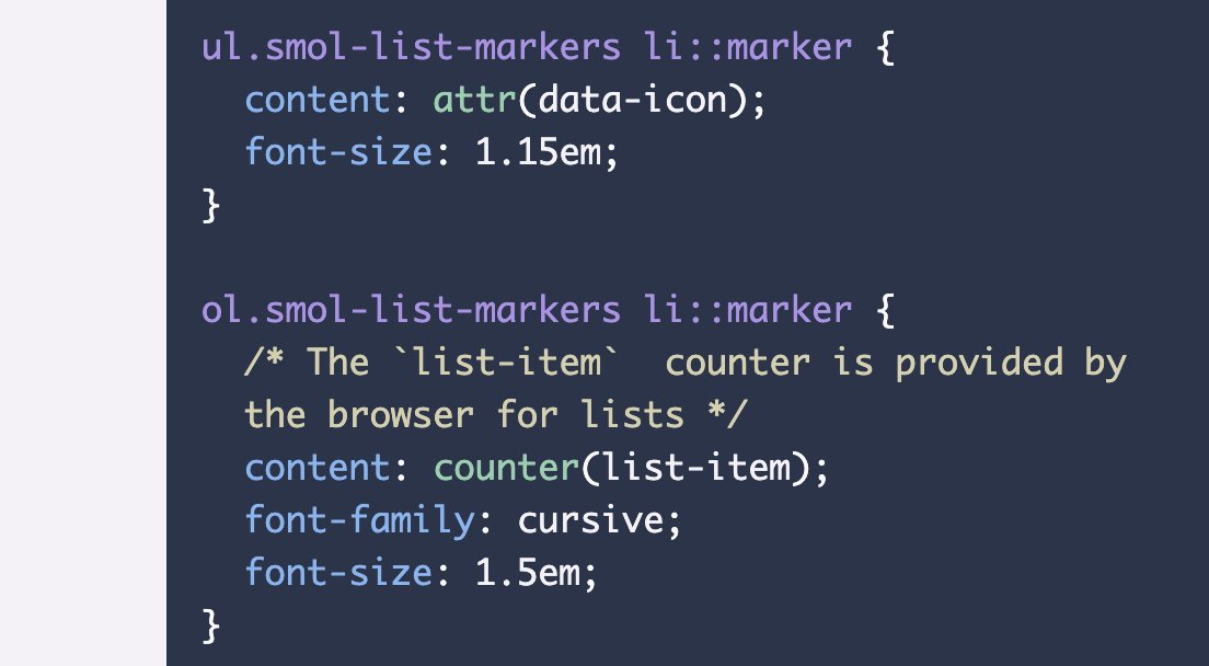Stephanie Eckles on Twitter: "✨ Fresh on SmolCSS Smol List Markers Guess what? `::marker` has support in all modern browsers! This means custom list styles are now super easy. Learn how to Stephanie Eckles on Twitter: "✨ Fresh on SmolCSS Smol List Markers Guess what? `::marker` has support in all modern browsers! This means custom list styles are now super easy. Learn how to
