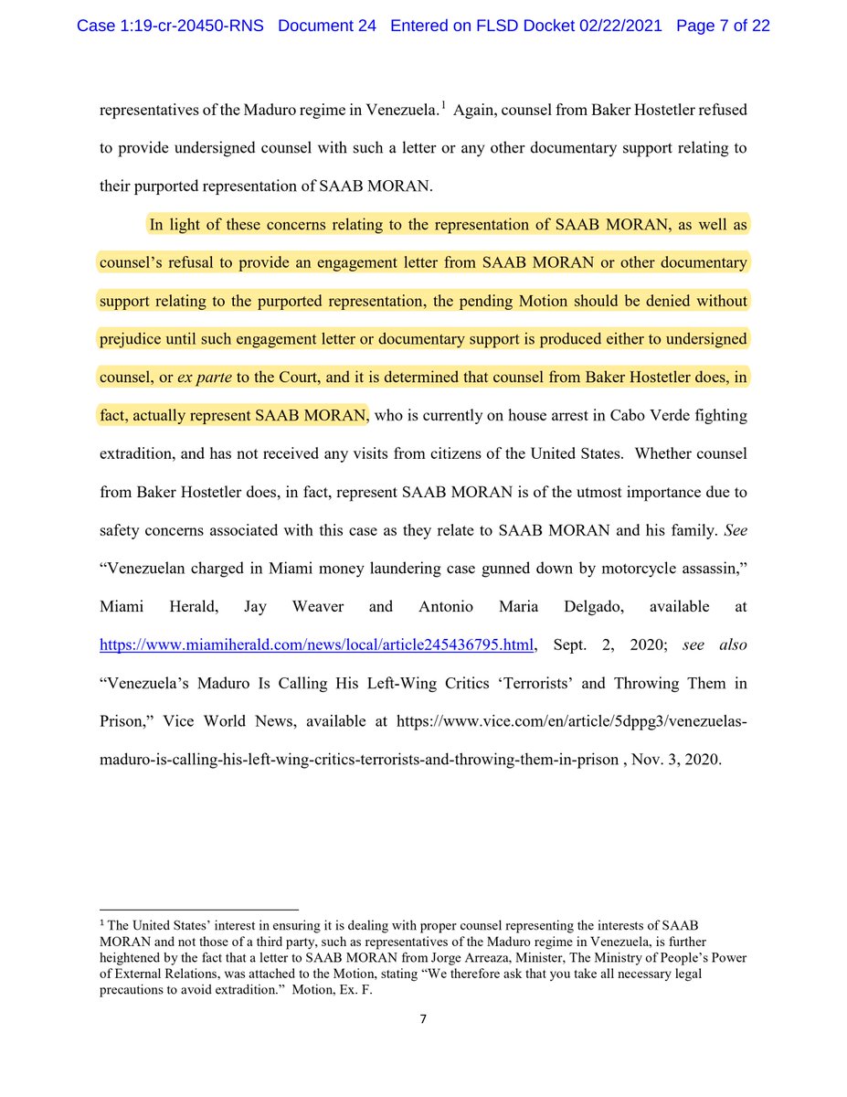 APjoshgoodman's tweet photo. Small victory for Alex Saab in US federal case. A judge has rejected Miami prosecutors' questioning of whether Saab, or the Maduro government, was paying @BakerHostetler. The attorney produced his engagement letter under seal, satisfying the judge that he indeed represents Saab. https://t.co/gTWZ3XzW3e