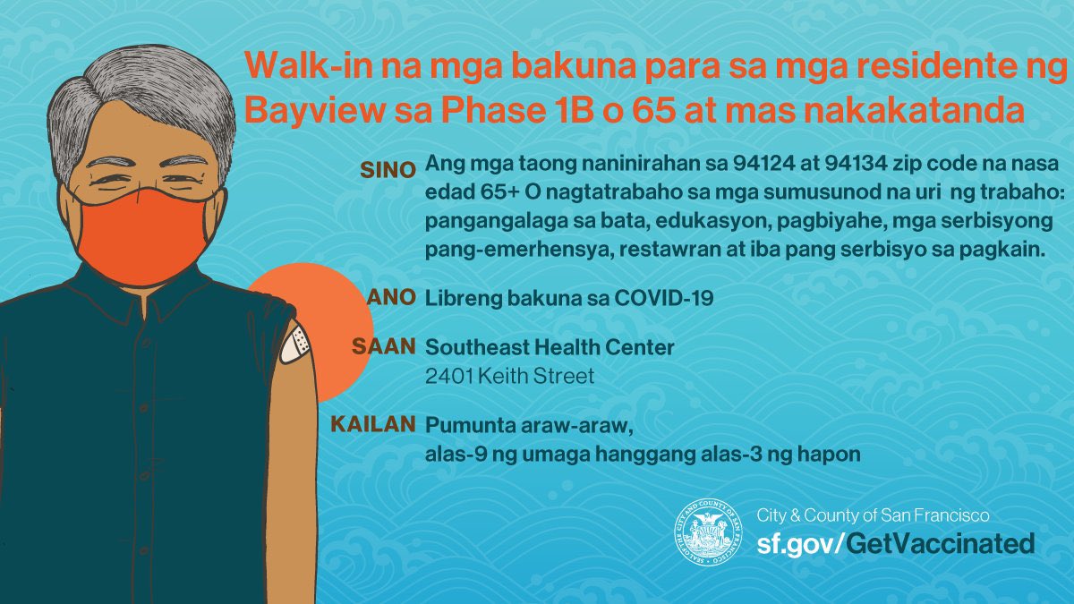 SF_emergency's tweet photo. Drop-in vaccinations for residents in zip codes 94124 &amp; 94134 at Southeast Health Center (2401 Keith St)!

Anyone 65+ or in Phase 1B (childcare workers/educators, food service, emergency service &amp; transit operators) can drop-in daily, 9am-3pm.

Please share to help #VaccinateSF! https://t.co/TmYUjy6e40