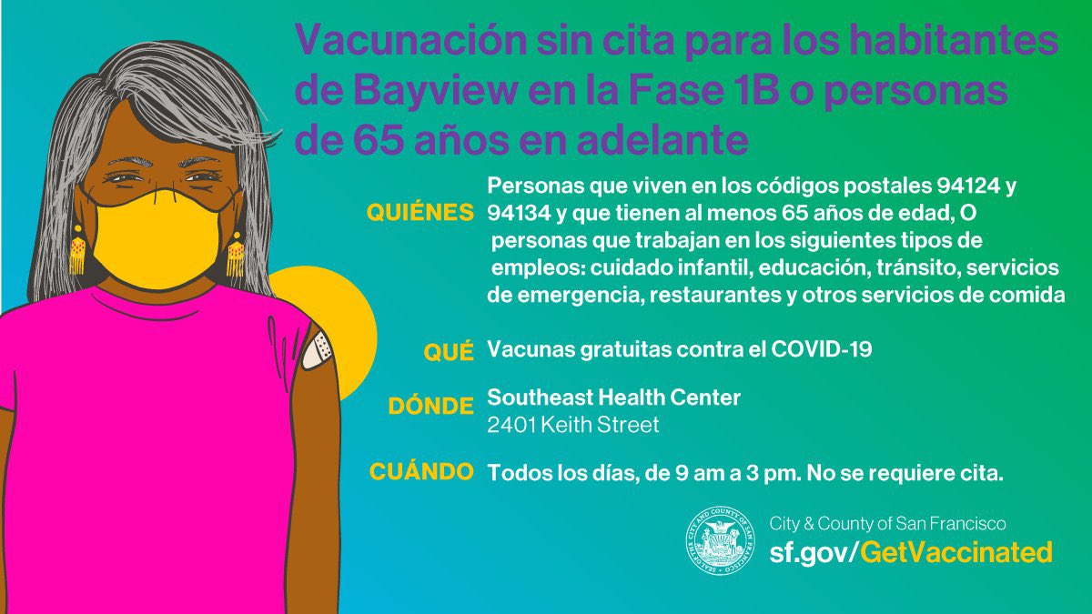 SF_emergency's tweet photo. Drop-in vaccinations for residents in zip codes 94124 &amp; 94134 at Southeast Health Center (2401 Keith St)!

Anyone 65+ or in Phase 1B (childcare workers/educators, food service, emergency service &amp; transit operators) can drop-in daily, 9am-3pm.

Please share to help #VaccinateSF! https://t.co/TmYUjy6e40