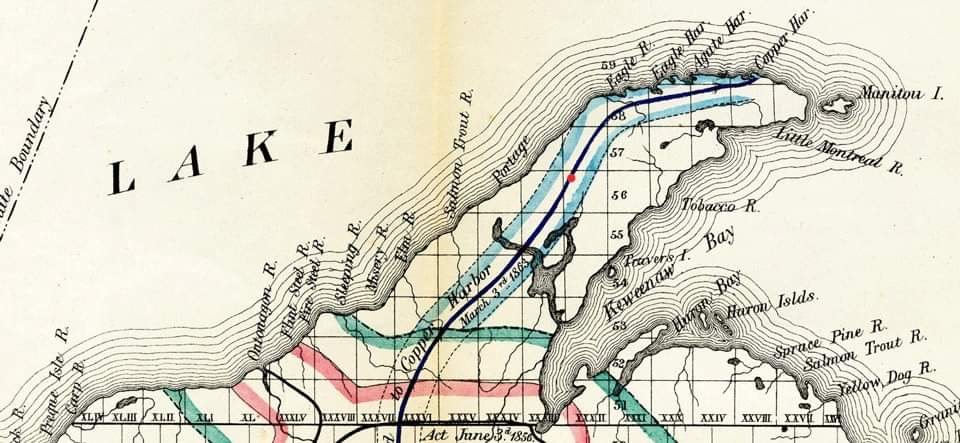 Sketch of the public surveys in Michigan, Julius Bien, New York, General Land Office. 1865, NPS edits.
Red dot denotes the Jones Halfway House at Renova.