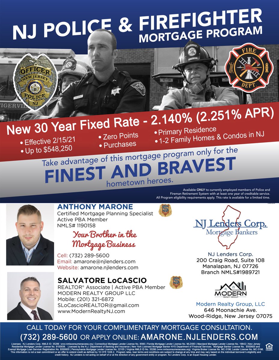 TheLoCascioTeam's tweet photo. 💰 NEW P.F.R.S. RATE 💰
🚨 ATTENTION POLICE 🚔 & FIRE 🚒
APPLY HERE: https://t.co/hlZYsJbrdR
#TheLoCascioTeam #REALTOR #NJ #RealEstate #ModernRealty #ModernRealtyGroup #Agent https://t.co/h52aYcrxG7