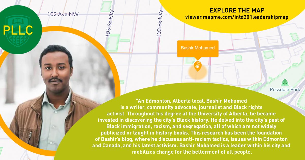 lougheedcollege's tweet photo. Last Fall, @INTD301Students created a map to celebrate non-prototypical leaders in #AB. This included #yeg local Bashir Mohamed, who educates Albertans through his work & research revitalizing Edmonton Black history. Written by #INTD301 student Sara Phillips. #BlackHistoryMonth https://t.co/MYK5VCQCAI