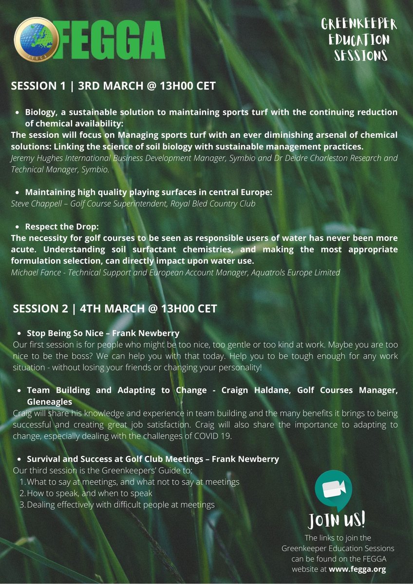 In a committment to helping our FEGGA Member Associations during these challenging times we have put together 2 education seminar sessions. This is open to all greenkeepers and is offered for free. Vist our website to find the link and come and join us....