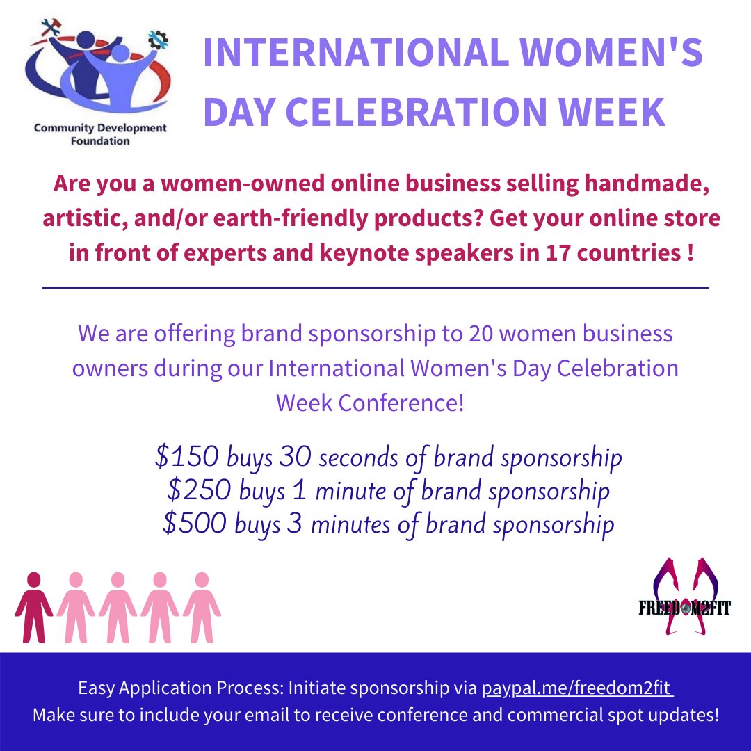 jennymeatballs's tweet photo. ATTN: WOMEN-OWNED BUSINESS! @freedom2fit is partnering w/ @FoundationCdf on the Int'l Women's Week Conference and has 20 segments avail to get your business seen by consumers in 17 countries! Join us as we discuss the upcoming collaboration for the "Togetherland: EarthSCHOOL"! https://t.co/sIH2WFPOZ8