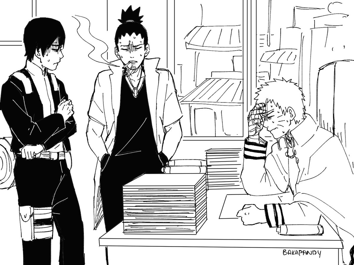 I only remembered after I'd drawn it out that Naruto wasn't made Hokage until several years after Himawari was born but the idea of 3 soon-to-be dads struggling to get through the work day as village leaders bc they stressed af about their pregnant wives was just too funny