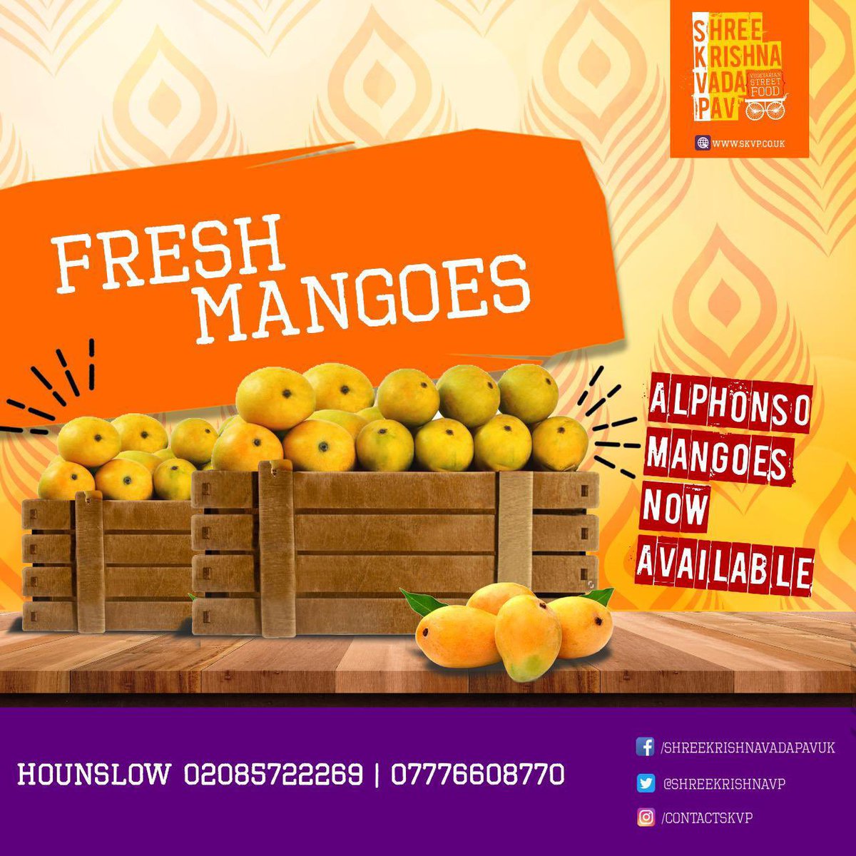ShreeKrishnaVP's tweet photo. Are you missing the sweet taste of Alphonso melting in your mouth? Available from Sunday 28 February 
#SKVPturns10 #VadapavinLondon #Vadapavin #SKVPturns10thisyear #10yrsofSKVPvadapav #takeaway #onlinedelivery #alphonso  #mango #skvpapp #Mangosinmarch https://t.co/qAY8GXt6FB