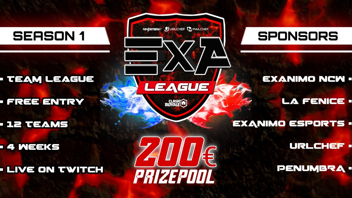 #ClashRoyale | EXA LEAGUE

• 💰 200€ PRIZEPOOL
• 👥 12 TEAMS
• 🆓 FREE / GRATIS
• 📺 KOs LIVE ON TWITCH
twitch.tv/ilwanzo?sr=a

REQUIREMENTS:

• 🔄 RETWEET &amp; TAG1 TEAM
YOU BELIEVE CAN'T MISS
• 📲 FOLLOW
@ExAnimo_eSports
@ExanimoNcw
<a href="/LeaguerRoyale/">LeaguerRoyale</a>
@ExA_League

#CR #EXAL
