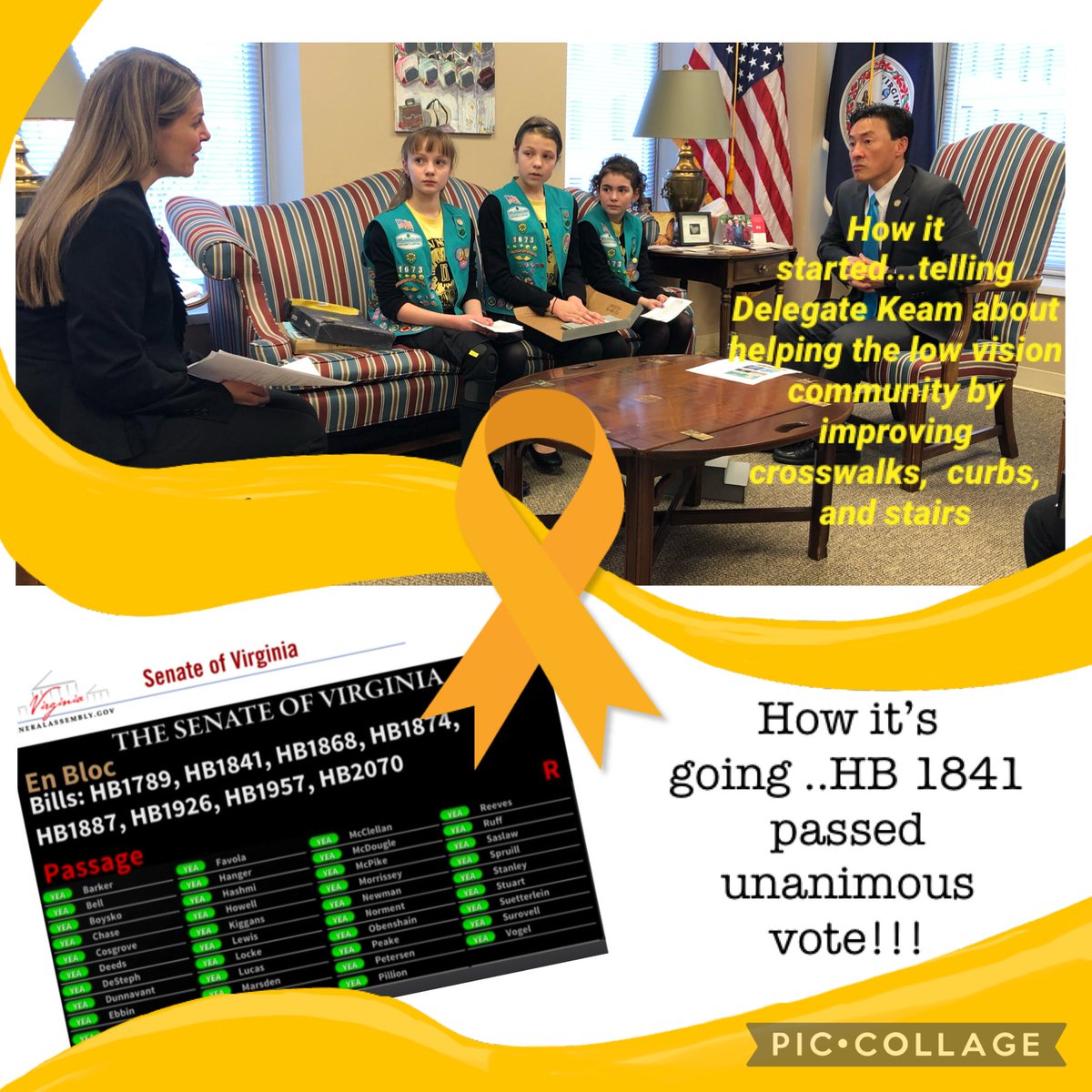 gstroop1673's tweet photo. A full circle moment! We started this journey on 2/28/20 to help our troop leader and all those affected with vision impairments. We will now be working with the VA department of transportation among many others to help make crosswalks safer across the state! 
#paintityellow2c https://t.co/09EtMMn3Rl