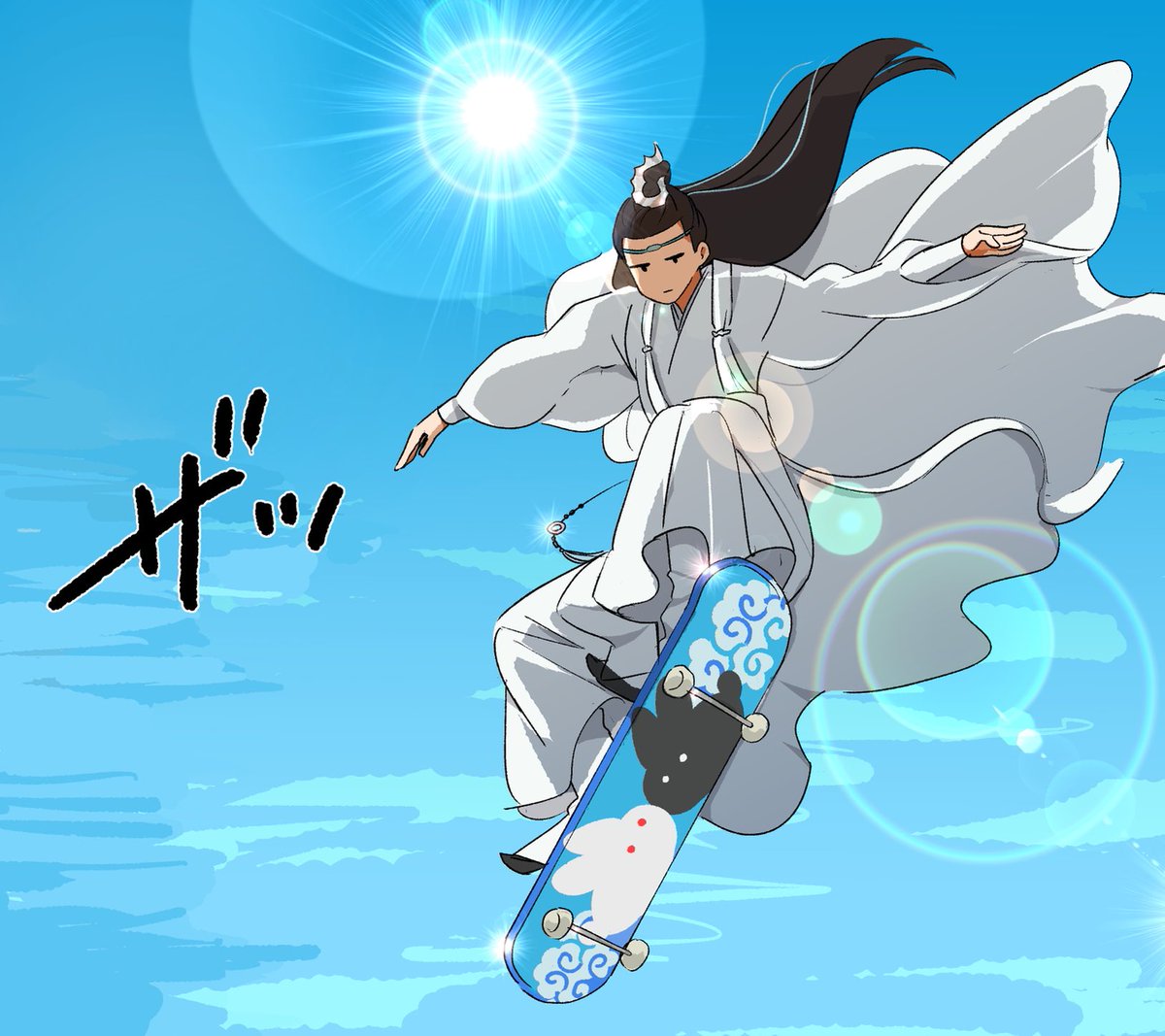 skateboard solo long hair blue sky sun 1girl black hair  illustration images