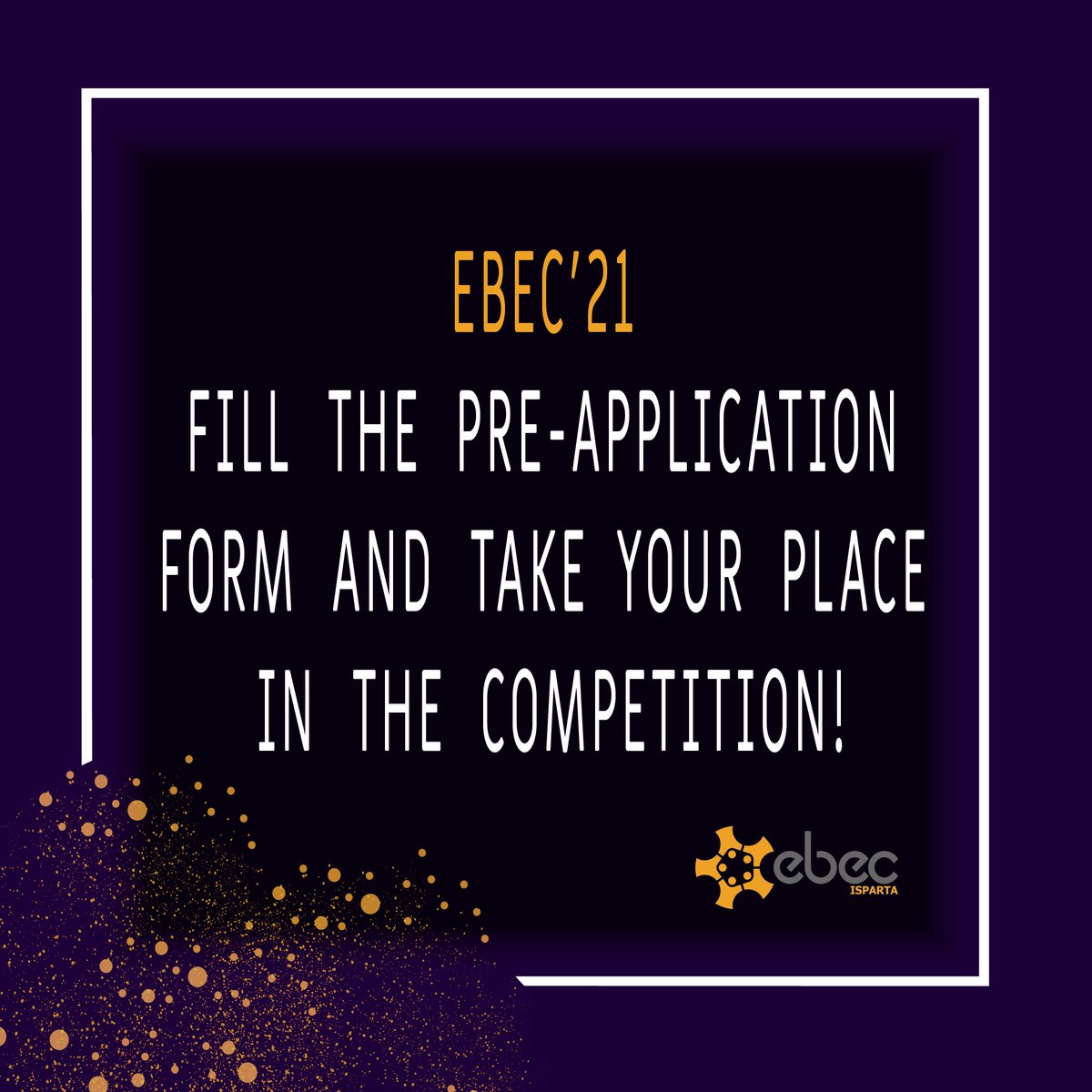 27-28 Mart'ta yapılacak EBEC Isparta yarışmasının ön başvuru formu açılmıştır. Eğer sen de online dönemde bir yarışmaya katılmak istiyorsan ve takımına güveniyorsan ne bekliyorsun?
Hemen ebecisparta.org web sitemize giderek ön başvuru formunu doldur, yarışmada yerini al!