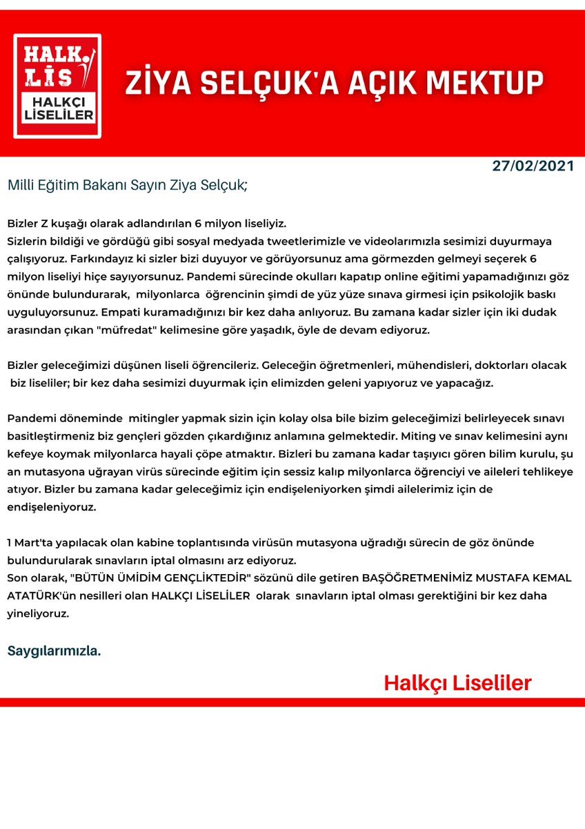 Kpasahalklis's tweet photo. Millî Eğitim Bakanı Sayın @ziyaselcuk 'a açık mektubumuzdur.

#MutasyonluSınavİstemiyoruz
#GençleriDinleBakan
#EqualityForTurkishStudents
#neyapacağız https://t.co/REKbb3sJIx