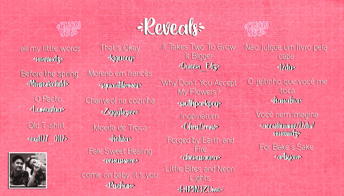 chansoofest's tweet photo. THE TIME TO REVEAL HAS COME! We had 36 writers, with 39 works and 1 author asked to remain anonymous. Give a lot of love to our authors

A HORA DA REVELAÇÃO CHEGOU! Tivemos 36 autores, com 39 histórias e 1 autor decidiu se manter em anônimo. Dêem muito carinho aos nossos autores https://t.co/96z0zgFaG9