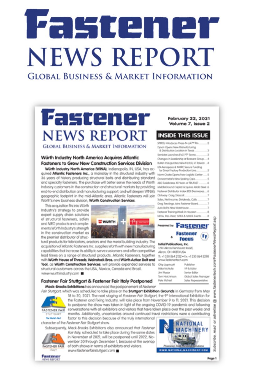 FastenerNews's tweet photo. Read the Feb. 2021 Fastener News Report from Fastener Technology International. The #FastenerNews Report includes mergers, acquisitions, market reports, sales &amp; earnings data, contracts, new products, events &amp; and more. https://t.co/C8zLxdbcMH #Fasteners @McNulty_FTI #Distributon https://t.co/7vbOiooFvb